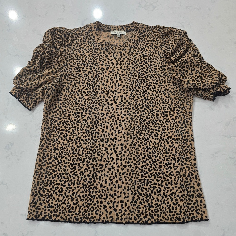 Moon River Mob Wife Leopard Top Brown Tan Puff Sleeve Ribbed Knit Y2K Chic